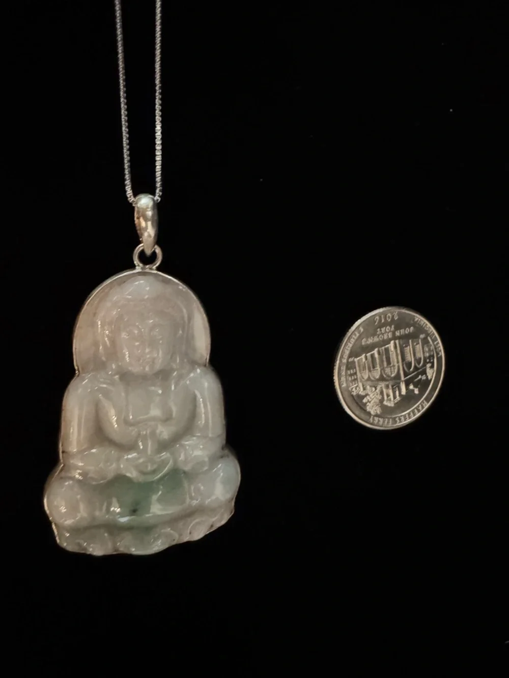 Genuine Jade Buddha Pendant Necklace - Green/White. Sterling silver‎ setting.